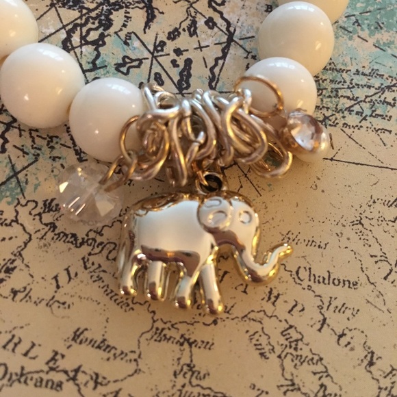 Gold Elephant White Beaded Stretchy Bracelet - Picture 2 of 2